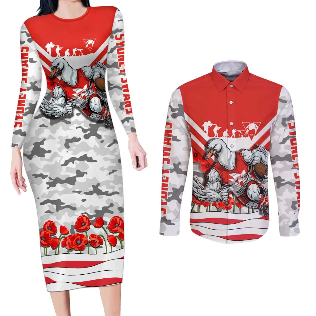 Personalised Sydney Swans ANZAC Couples Matching Long Sleeve Bodycon Dress and Long Sleeve Button Shirt Military Remembrance Australian Football Mascot Camouflage