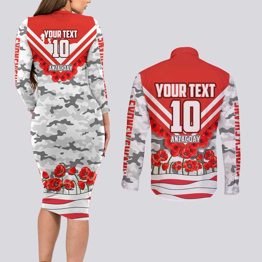 Personalised Sydney Swans ANZAC Couples Matching Long Sleeve Bodycon Dress and Long Sleeve Button Shirt Military Remembrance Australian Football Mascot Camouflage