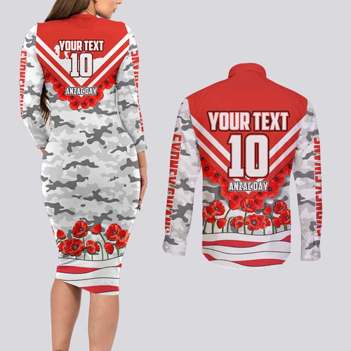 Personalised Sydney Swans ANZAC Couples Matching Long Sleeve Bodycon Dress and Long Sleeve Button Shirt Military Remembrance Australian Football Mascot Camouflage