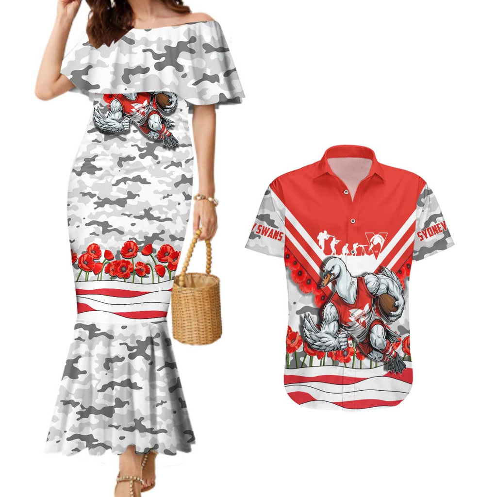 Personalised Sydney Swans ANZAC Couples Matching Mermaid Dress and Hawaiian Shirt Military Remembrance Australian Football Mascot Camouflage
