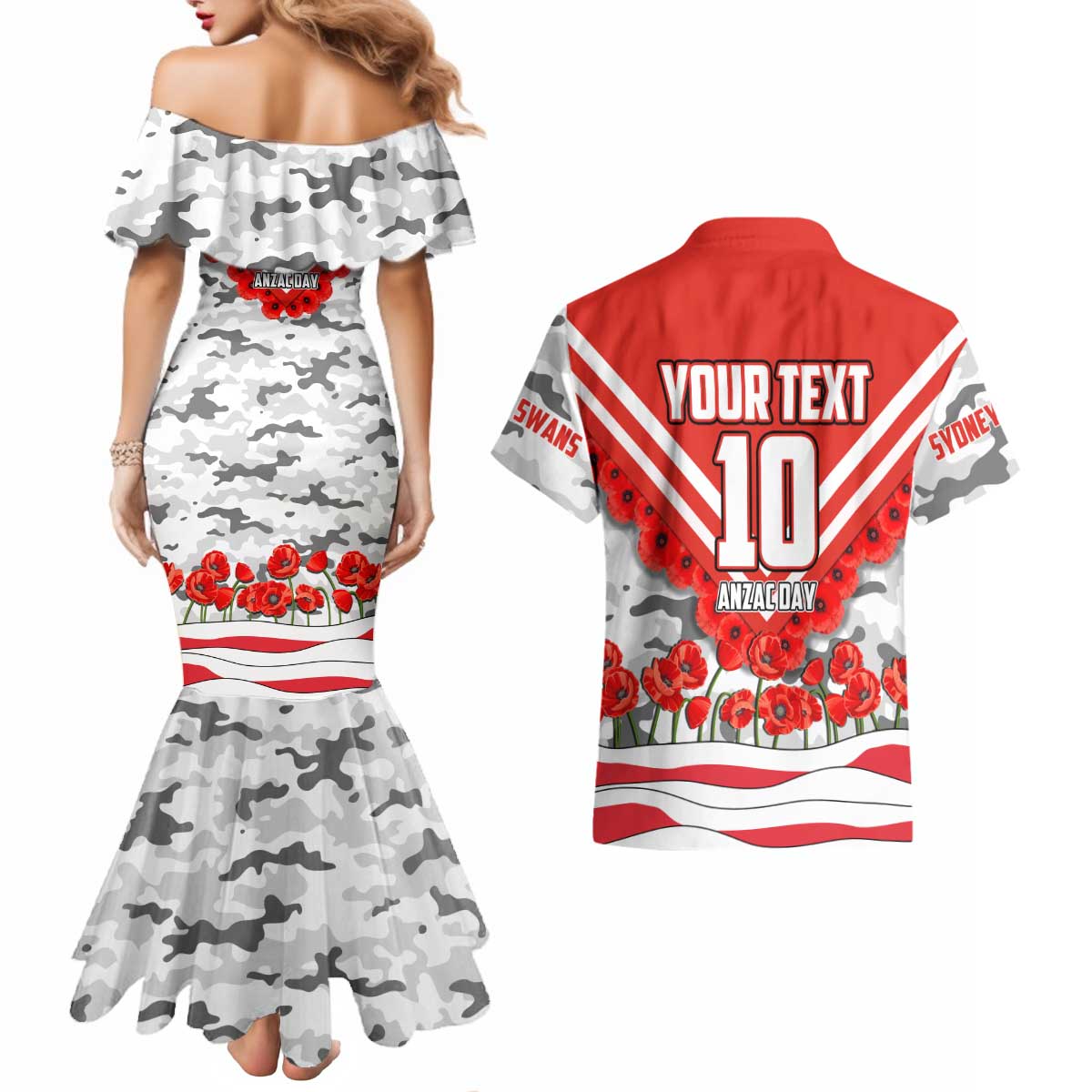 Personalised Sydney Swans ANZAC Couples Matching Mermaid Dress and Hawaiian Shirt Military Remembrance Australian Football Mascot Camouflage