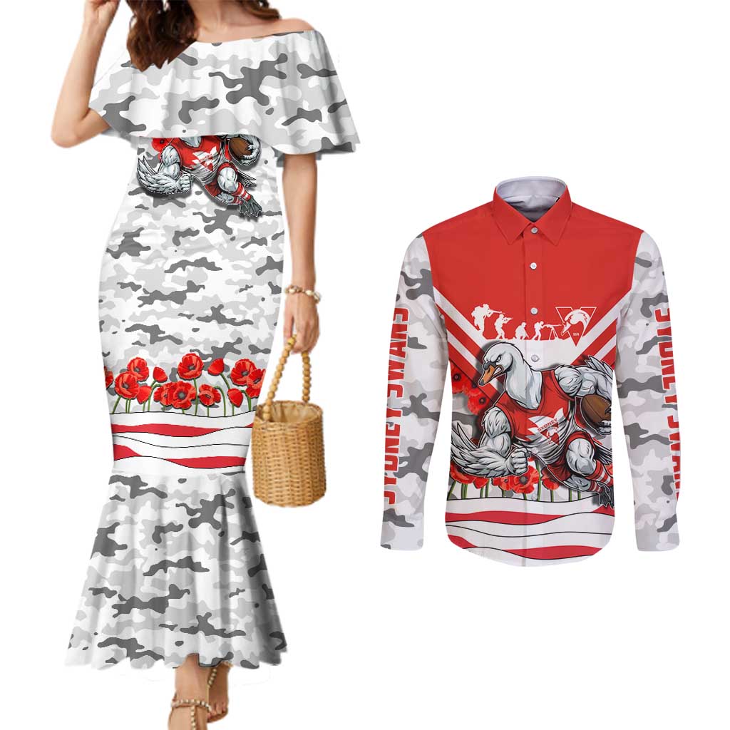 Personalised Sydney Swans ANZAC Couples Matching Mermaid Dress and Long Sleeve Button Shirt Military Remembrance Australian Football Mascot Camouflage