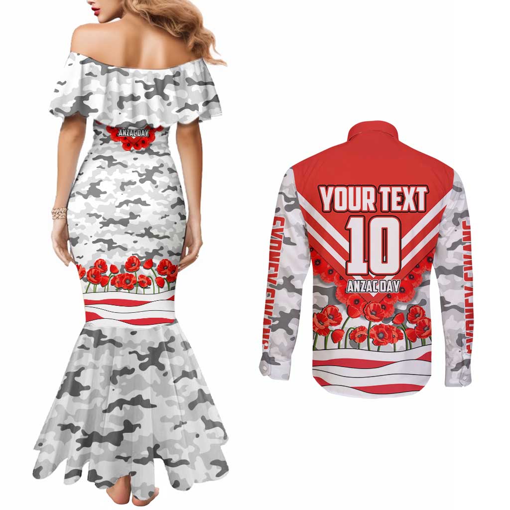 Personalised Sydney Swans ANZAC Couples Matching Mermaid Dress and Long Sleeve Button Shirt Military Remembrance Australian Football Mascot Camouflage