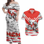 Personalised Sydney Swans ANZAC Couples Matching Off Shoulder Maxi Dress and Hawaiian Shirt Military Remembrance Australian Football Mascot Camouflage