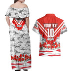 Personalised Sydney Swans ANZAC Couples Matching Off Shoulder Maxi Dress and Hawaiian Shirt Military Remembrance Australian Football Mascot Camouflage