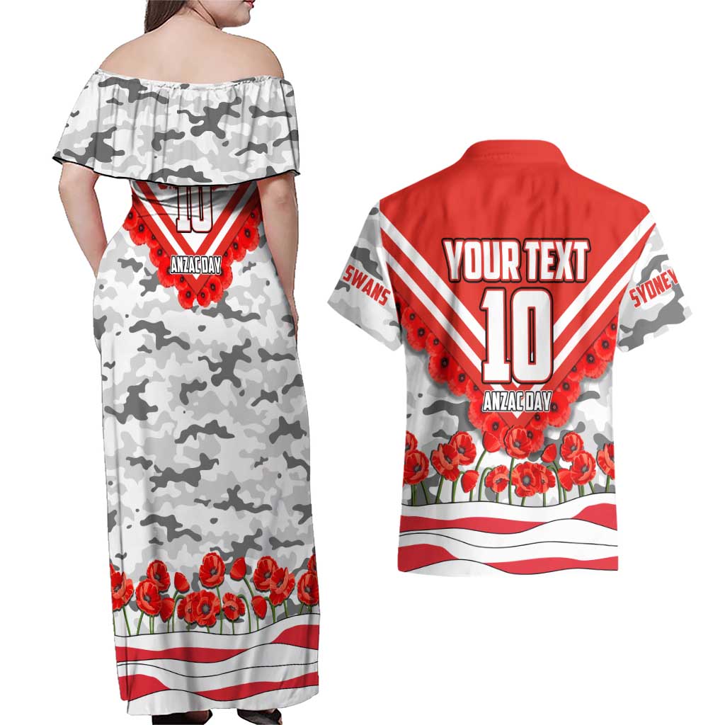 Personalised Sydney Swans ANZAC Couples Matching Off Shoulder Maxi Dress and Hawaiian Shirt Military Remembrance Australian Football Mascot Camouflage