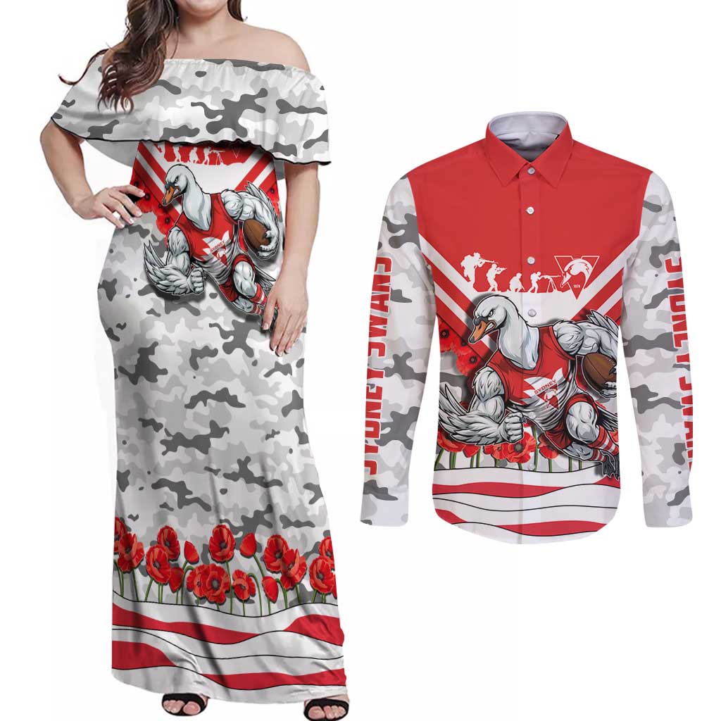 Personalised Sydney Swans ANZAC Couples Matching Off Shoulder Maxi Dress and Long Sleeve Button Shirt Military Remembrance Australian Football Mascot Camouflage