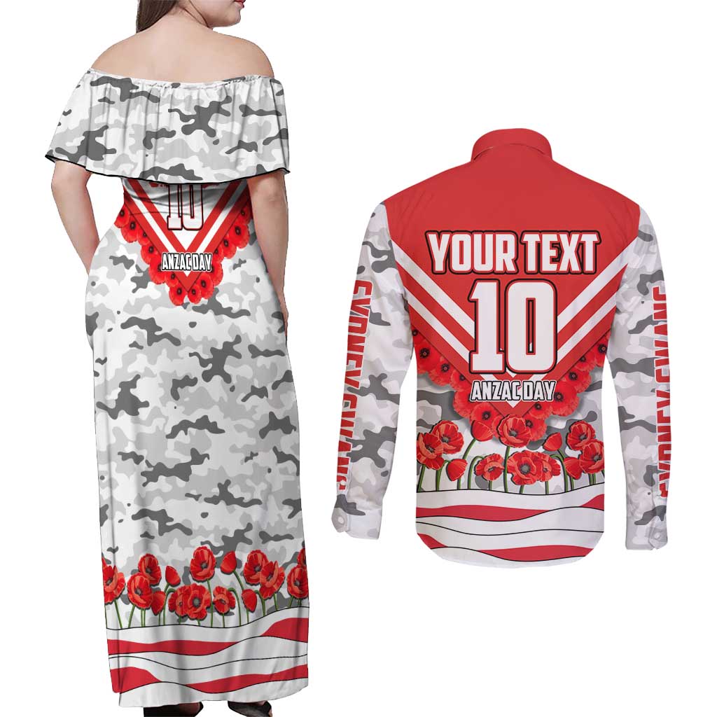 Personalised Sydney Swans ANZAC Couples Matching Off Shoulder Maxi Dress and Long Sleeve Button Shirt Military Remembrance Australian Football Mascot Camouflage