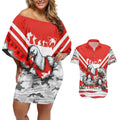 Personalised Sydney Swans ANZAC Couples Matching Off Shoulder Short Dress and Hawaiian Shirt Military Remembrance Australian Football Mascot Camouflage