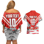 Personalised Sydney Swans ANZAC Couples Matching Off Shoulder Short Dress and Hawaiian Shirt Military Remembrance Australian Football Mascot Camouflage