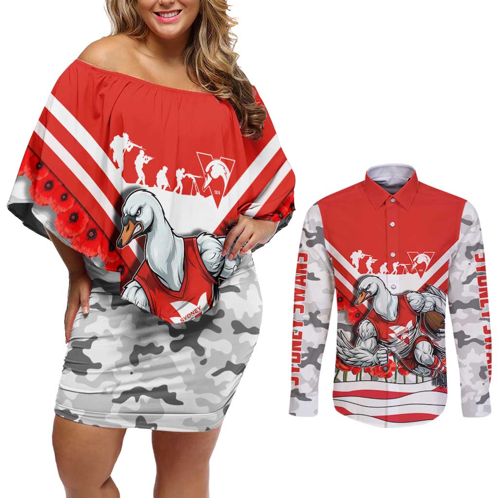Personalised Sydney Swans ANZAC Couples Matching Off Shoulder Short Dress and Long Sleeve Button Shirt Military Remembrance Australian Football Mascot Camouflage
