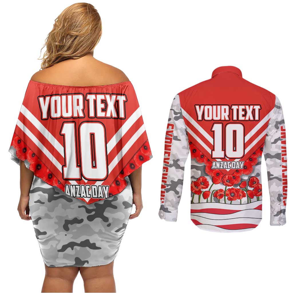 Personalised Sydney Swans ANZAC Couples Matching Off Shoulder Short Dress and Long Sleeve Button Shirt Military Remembrance Australian Football Mascot Camouflage