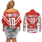 Personalised Sydney Swans ANZAC Couples Matching Off Shoulder Short Dress and Long Sleeve Button Shirt Military Remembrance Australian Football Mascot Camouflage