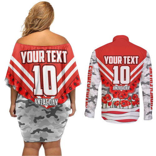 Personalised Sydney Swans ANZAC Couples Matching Off Shoulder Short Dress and Long Sleeve Button Shirt Military Remembrance Australian Football Mascot Camouflage