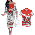Personalised Sydney Swans ANZAC Couples Matching Off The Shoulder Long Sleeve Dress and Hawaiian Shirt Military Remembrance Australian Football Mascot Camouflage