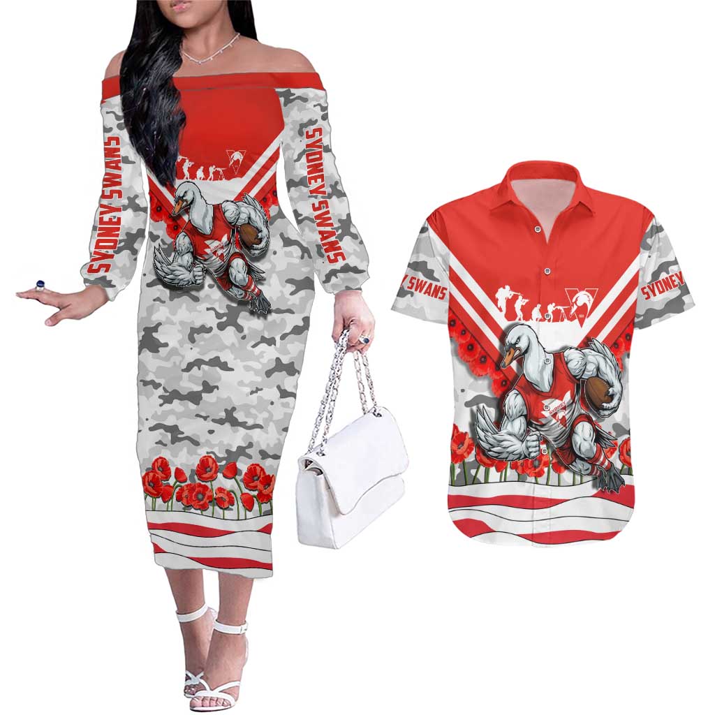 Personalised Sydney Swans ANZAC Couples Matching Off The Shoulder Long Sleeve Dress and Hawaiian Shirt Military Remembrance Australian Football Mascot Camouflage