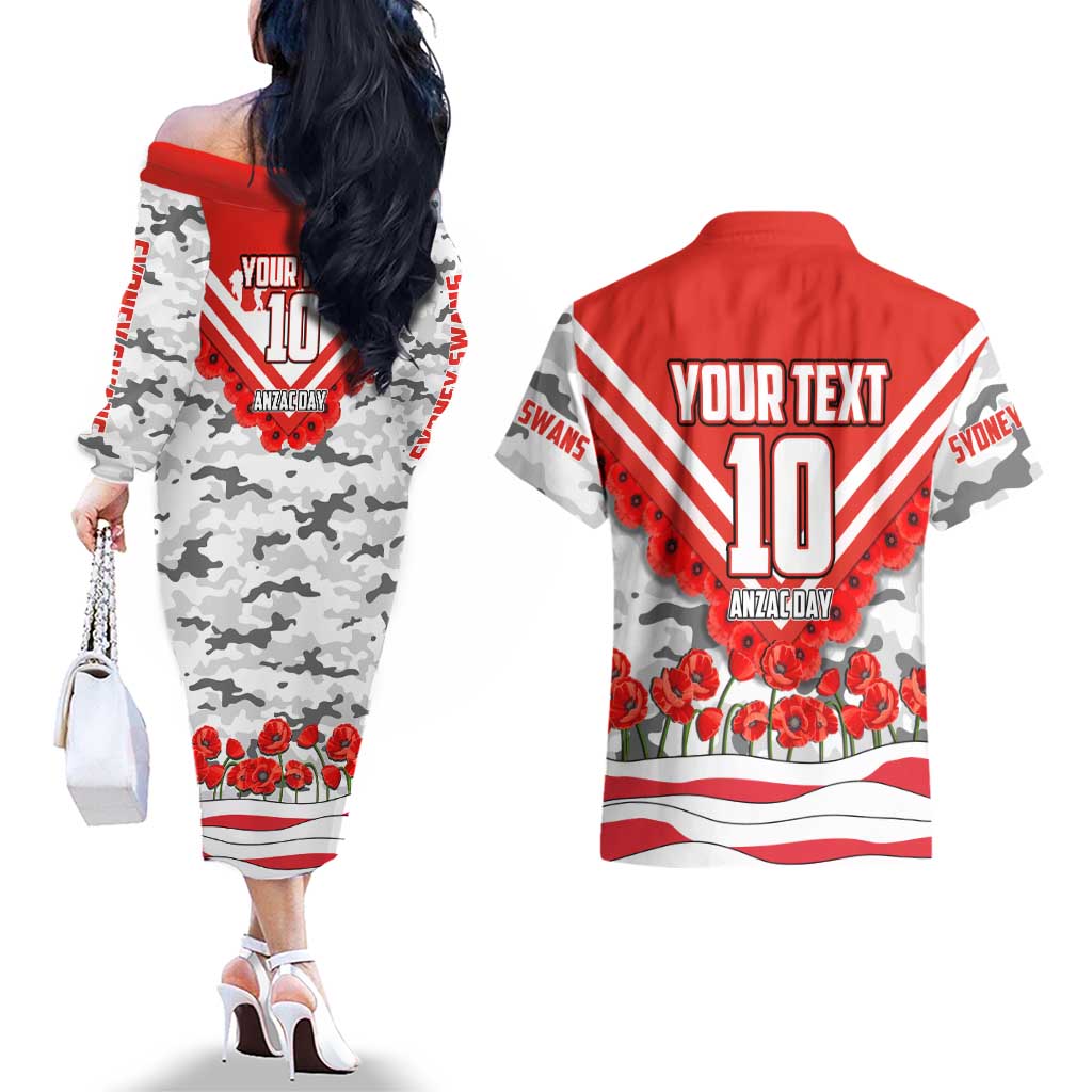 Personalised Sydney Swans ANZAC Couples Matching Off The Shoulder Long Sleeve Dress and Hawaiian Shirt Military Remembrance Australian Football Mascot Camouflage