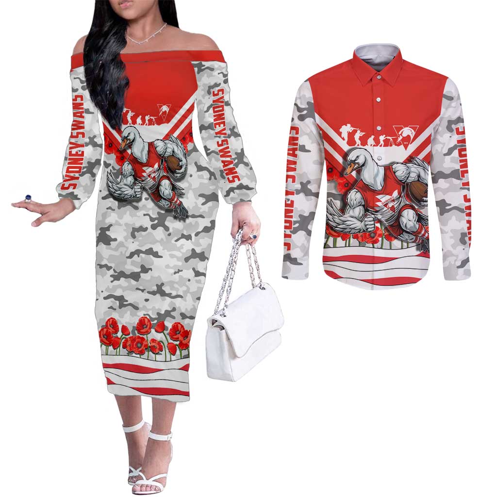 Personalised Sydney Swans ANZAC Couples Matching Off The Shoulder Long Sleeve Dress and Long Sleeve Button Shirt Military Remembrance Australian Football Mascot Camouflage