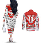 Personalised Sydney Swans ANZAC Couples Matching Off The Shoulder Long Sleeve Dress and Long Sleeve Button Shirt Military Remembrance Australian Football Mascot Camouflage