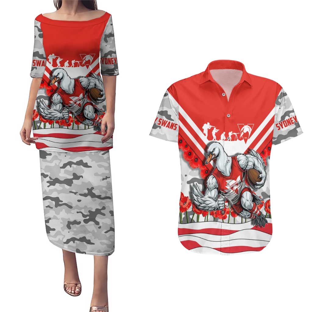 Personalised Sydney Swans ANZAC Couples Matching Puletasi and Hawaiian Shirt Military Remembrance Australian Football Mascot Camouflage