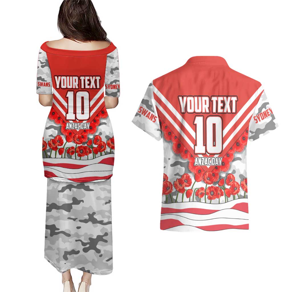 Personalised Sydney Swans ANZAC Couples Matching Puletasi and Hawaiian Shirt Military Remembrance Australian Football Mascot Camouflage