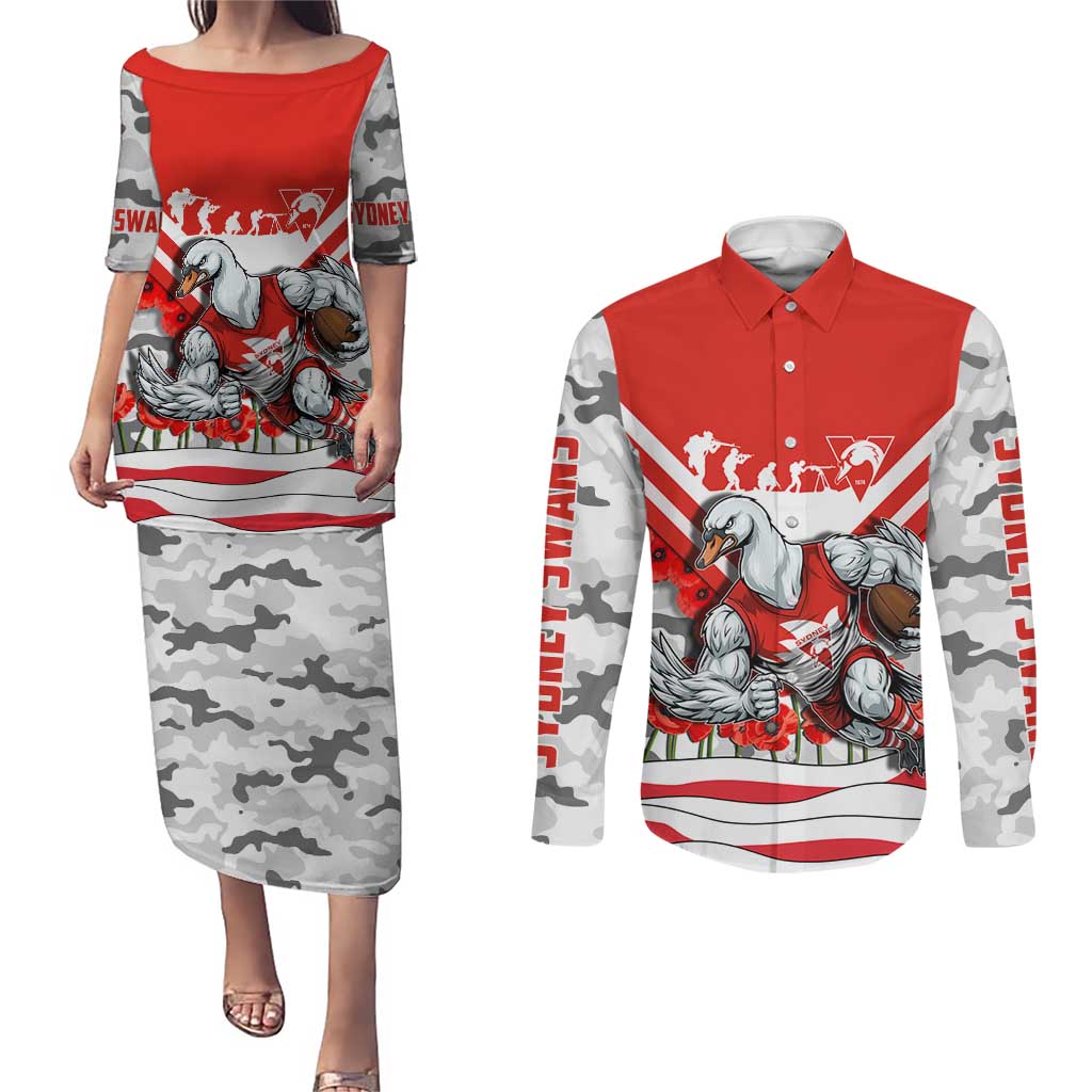 Personalised Sydney Swans ANZAC Couples Matching Puletasi and Long Sleeve Button Shirt Military Remembrance Australian Football Mascot Camouflage