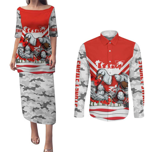 Personalised Sydney Swans ANZAC Couples Matching Puletasi and Long Sleeve Button Shirt Military Remembrance Australian Football Mascot Camouflage