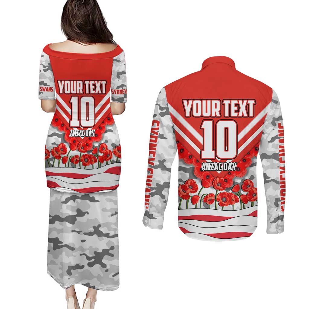 Personalised Sydney Swans ANZAC Couples Matching Puletasi and Long Sleeve Button Shirt Military Remembrance Australian Football Mascot Camouflage