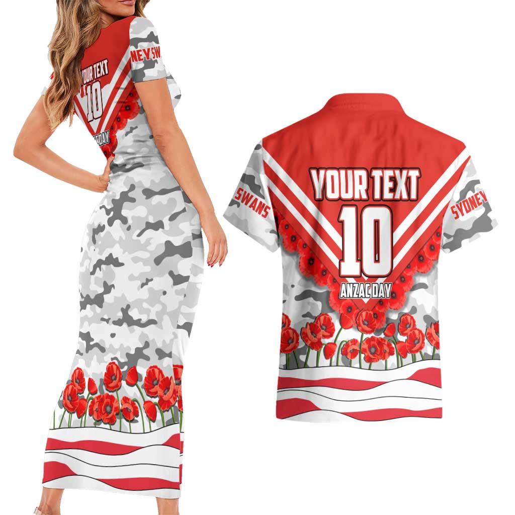 Personalised Sydney Swans ANZAC Couples Matching Short Sleeve Bodycon Dress and Hawaiian Shirt Military Remembrance Australian Football Mascot Camouflage