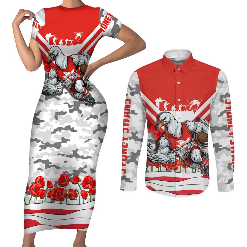 Personalised Sydney Swans ANZAC Couples Matching Short Sleeve Bodycon Dress and Long Sleeve Button Shirt Military Remembrance Australian Football Mascot Camouflage