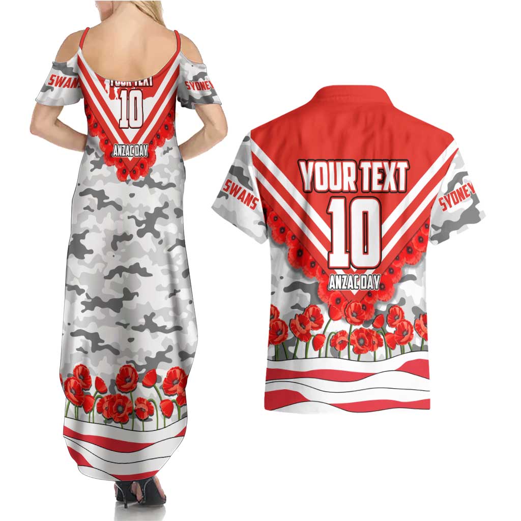 Personalised Sydney Swans ANZAC Couples Matching Summer Maxi Dress and Hawaiian Shirt Military Remembrance Australian Football Mascot Camouflage