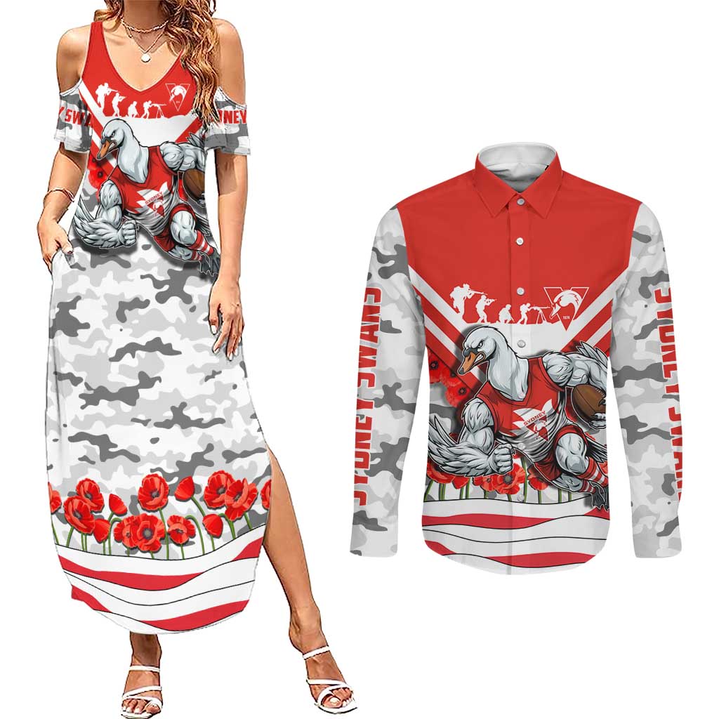 Personalised Sydney Swans ANZAC Couples Matching Summer Maxi Dress and Long Sleeve Button Shirt Military Remembrance Australian Football Mascot Camouflage