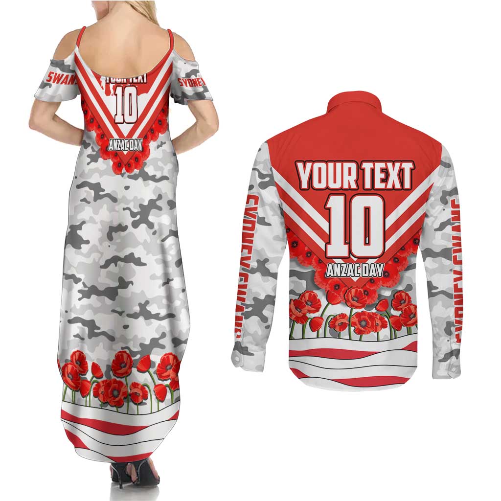 Personalised Sydney Swans ANZAC Couples Matching Summer Maxi Dress and Long Sleeve Button Shirt Military Remembrance Australian Football Mascot Camouflage