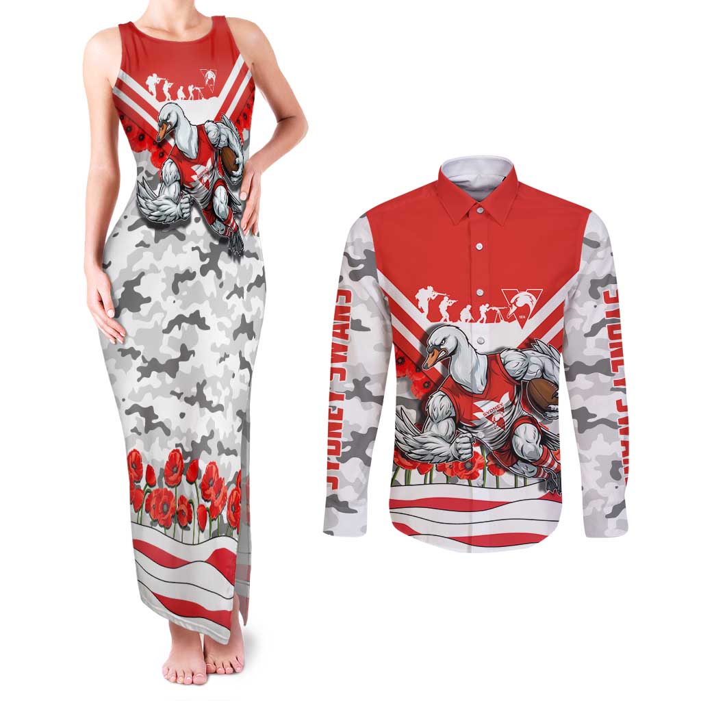 Personalised Sydney Swans ANZAC Couples Matching Tank Maxi Dress and Long Sleeve Button Shirt Military Remembrance Australian Football Mascot Camouflage