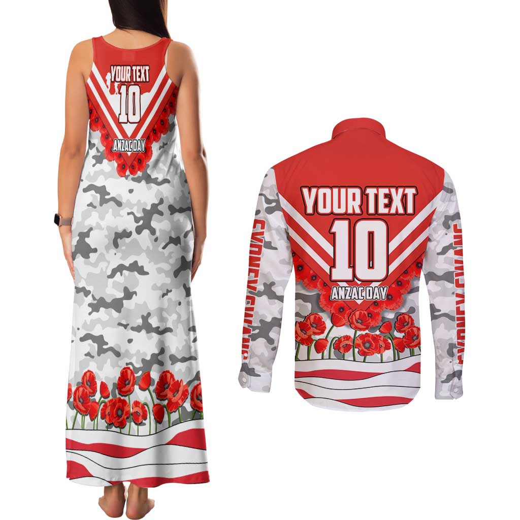 Personalised Sydney Swans ANZAC Couples Matching Tank Maxi Dress and Long Sleeve Button Shirt Military Remembrance Australian Football Mascot Camouflage