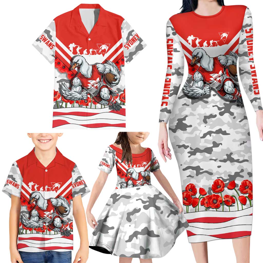 Personalised Sydney Swans ANZAC Family Matching Long Sleeve Bodycon Dress and Hawaiian Shirt Military Remembrance Australian Football Mascot Camouflage