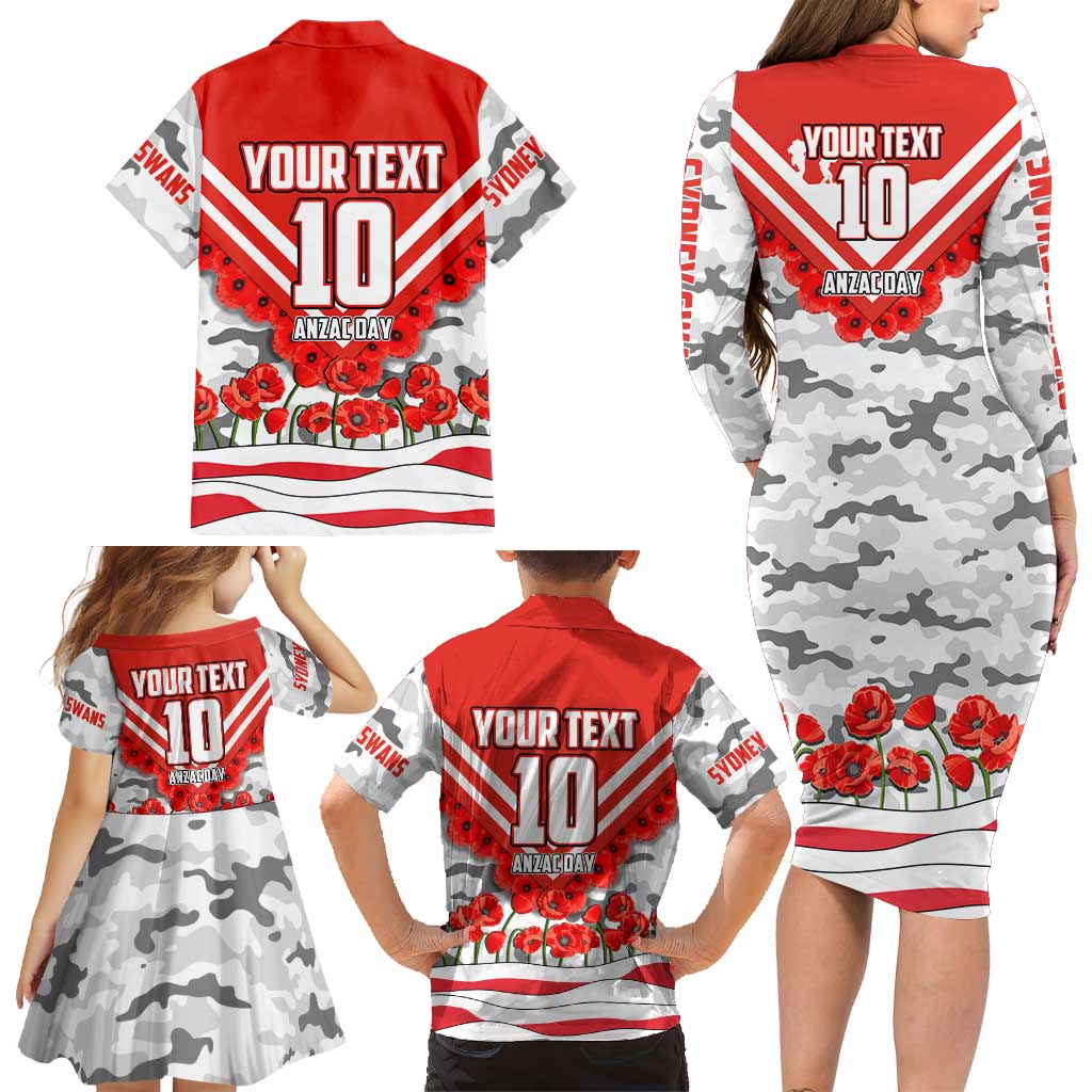 Personalised Sydney Swans ANZAC Family Matching Long Sleeve Bodycon Dress and Hawaiian Shirt Military Remembrance Australian Football Mascot Camouflage