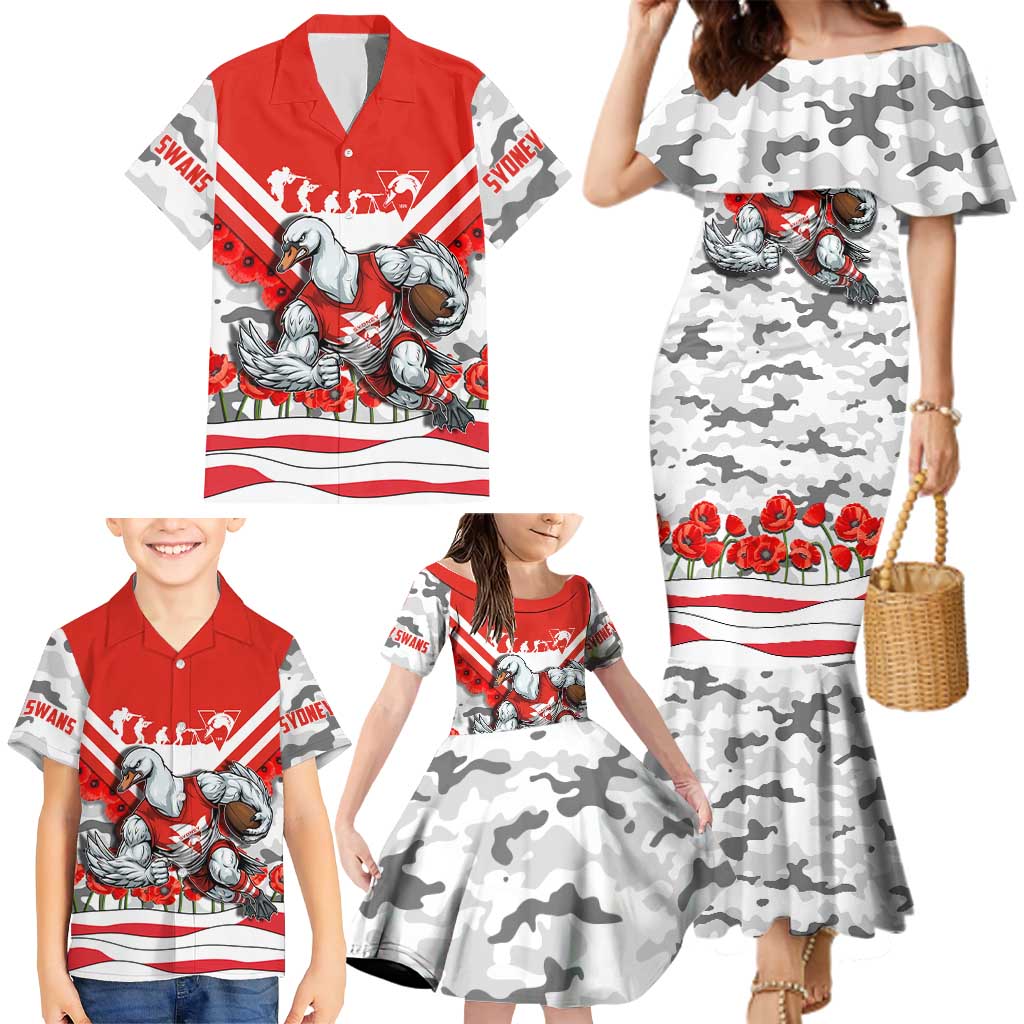 Personalised Sydney Swans ANZAC Family Matching Mermaid Dress and Hawaiian Shirt Military Remembrance Australian Football Mascot Camouflage