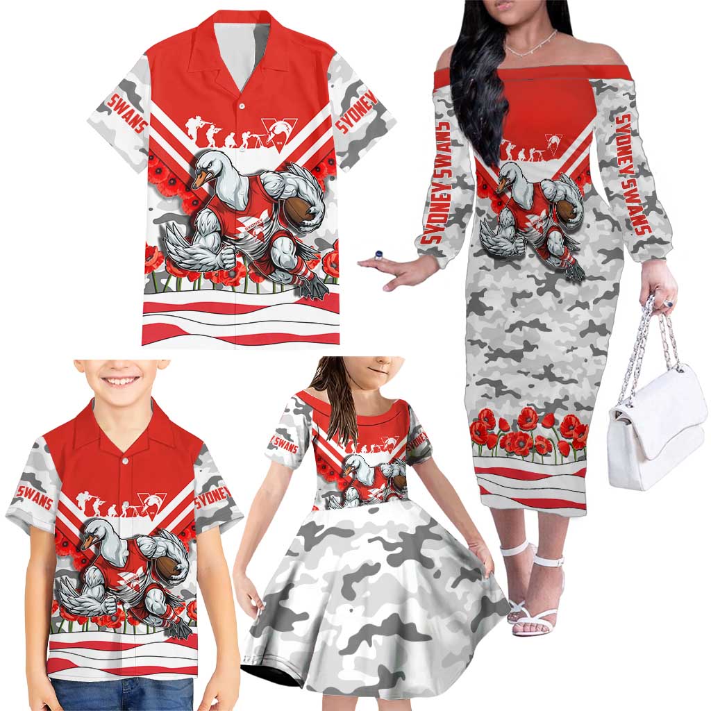 Personalised Sydney Swans ANZAC Family Matching Off The Shoulder Long Sleeve Dress and Hawaiian Shirt Military Remembrance Australian Football Mascot Camouflage