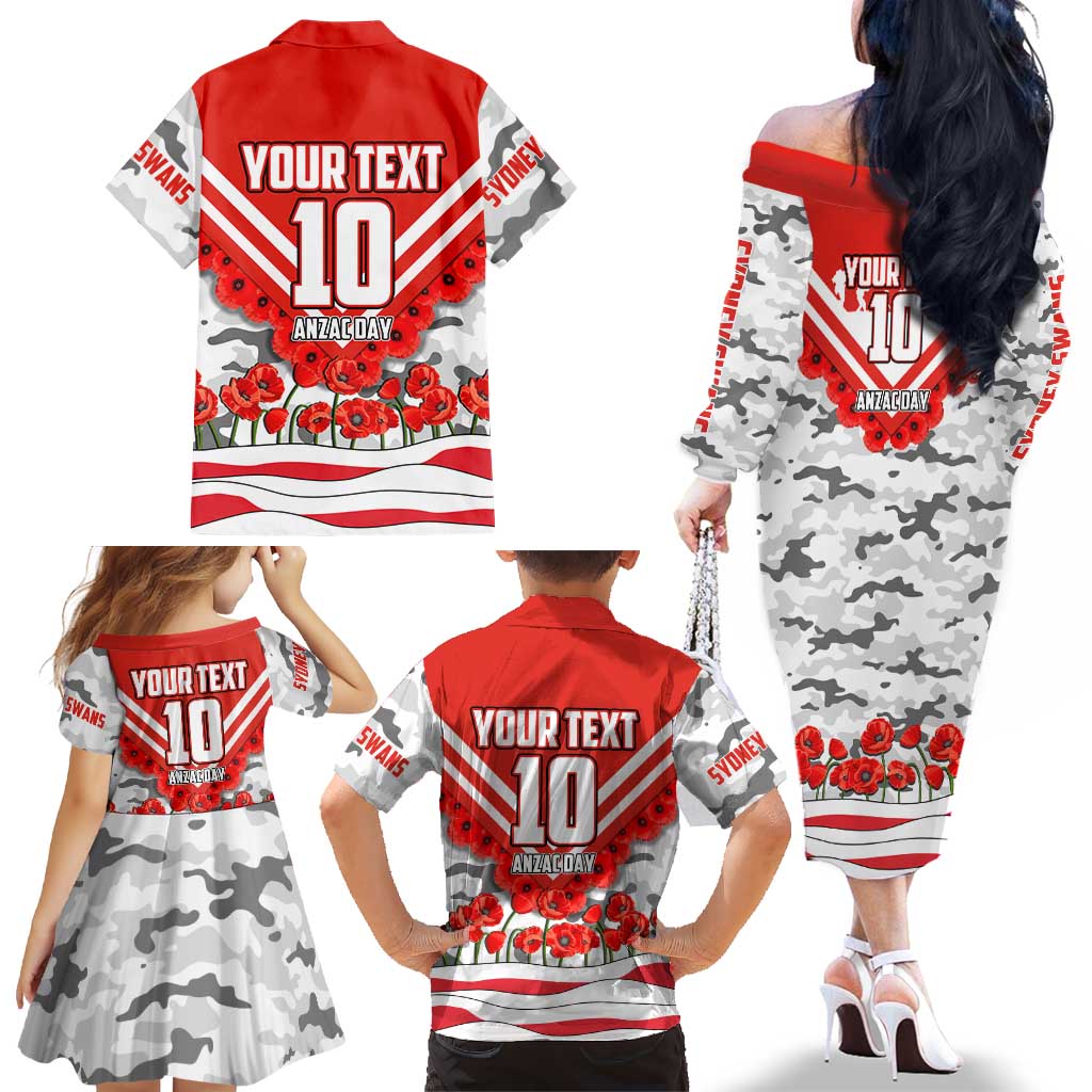 Personalised Sydney Swans ANZAC Family Matching Off The Shoulder Long Sleeve Dress and Hawaiian Shirt Military Remembrance Australian Football Mascot Camouflage