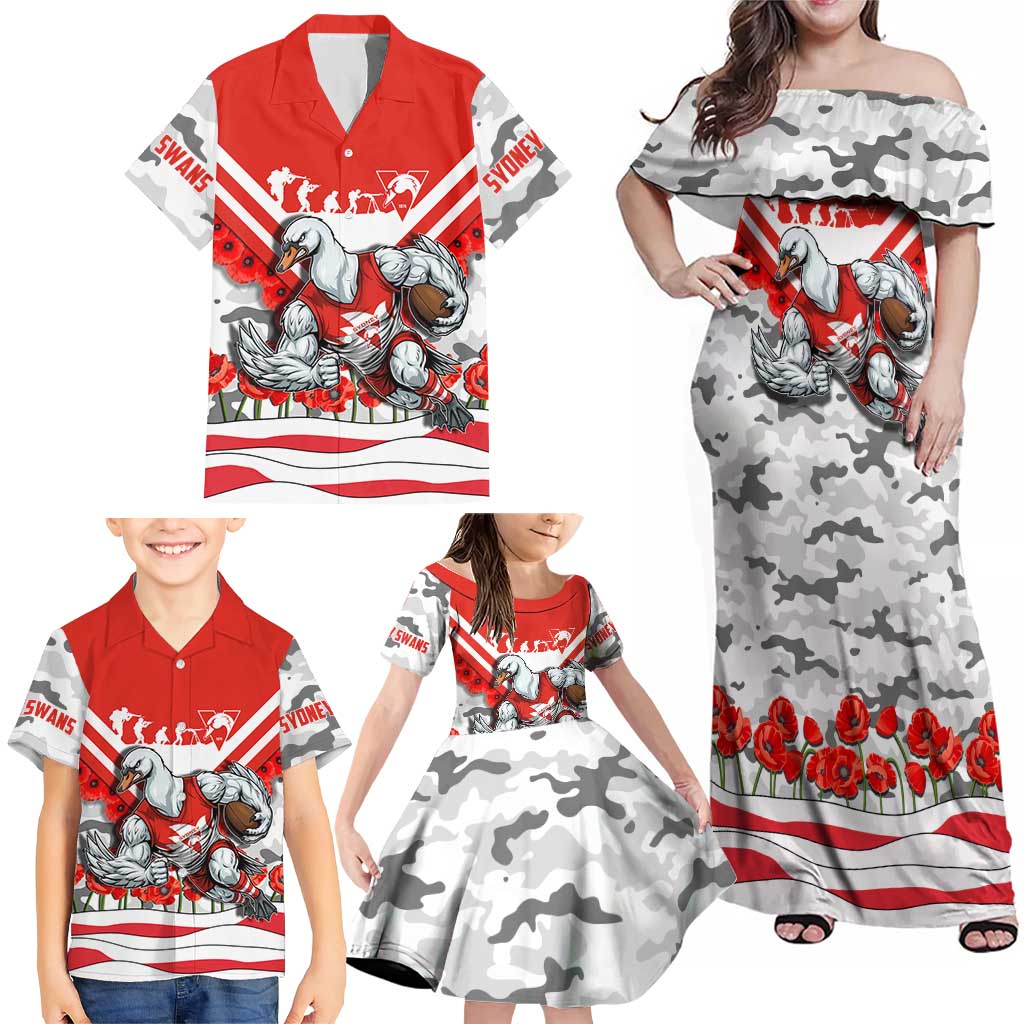 Personalised Sydney Swans ANZAC Family Matching Off Shoulder Maxi Dress and Hawaiian Shirt Military Remembrance Australian Football Mascot Camouflage