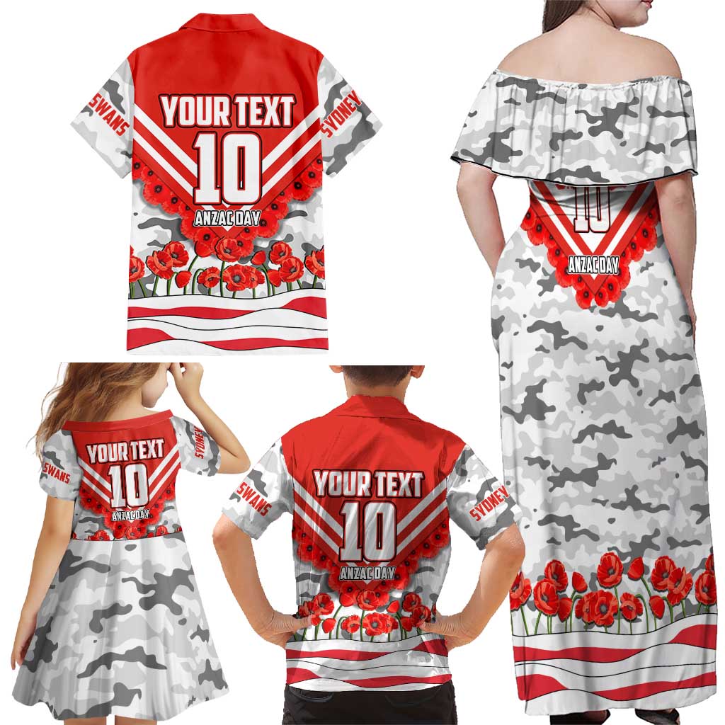 Personalised Sydney Swans ANZAC Family Matching Off Shoulder Maxi Dress and Hawaiian Shirt Military Remembrance Australian Football Mascot Camouflage