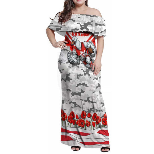 Personalised Sydney Swans ANZAC Family Matching Off Shoulder Maxi Dress and Hawaiian Shirt Military Remembrance Australian Football Mascot Camouflage