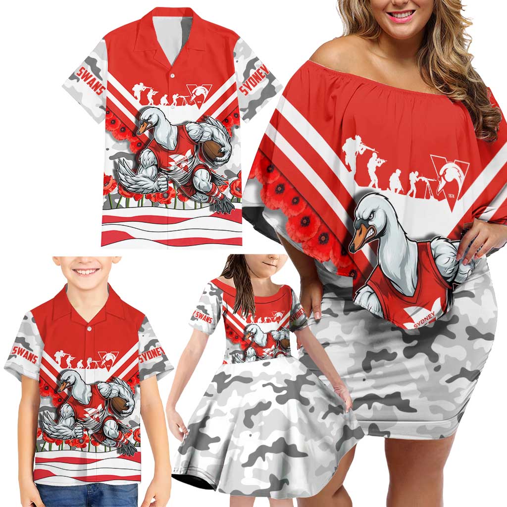 Personalised Sydney Swans ANZAC Family Matching Off Shoulder Short Dress and Hawaiian Shirt Military Remembrance Australian Football Mascot Camouflage