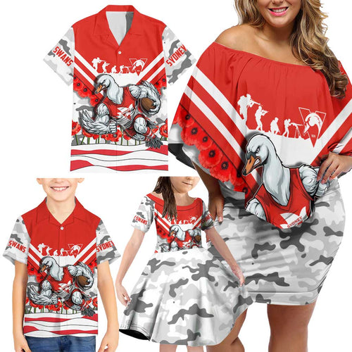 Personalised Sydney Swans ANZAC Family Matching Off Shoulder Short Dress and Hawaiian Shirt Military Remembrance Australian Football Mascot Camouflage