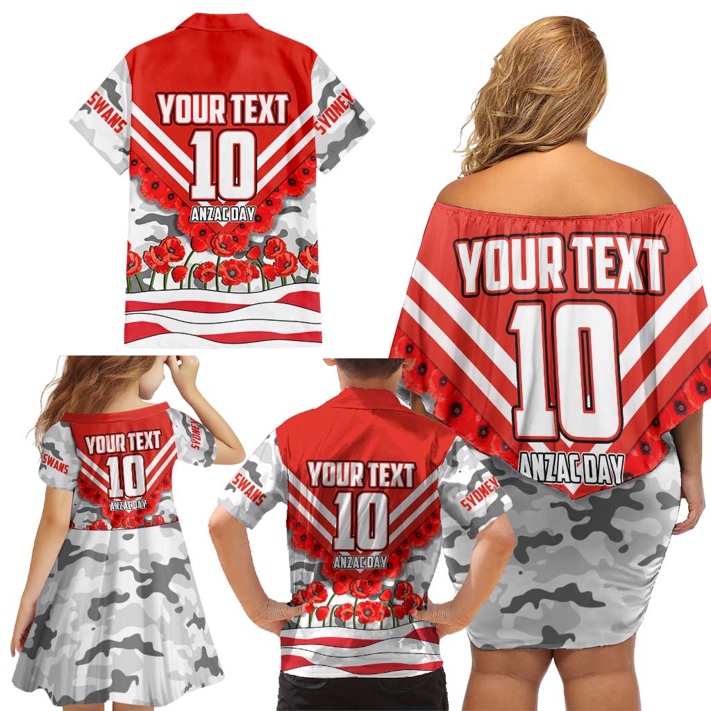 Personalised Sydney Swans ANZAC Family Matching Off Shoulder Short Dress and Hawaiian Shirt Military Remembrance Australian Football Mascot Camouflage