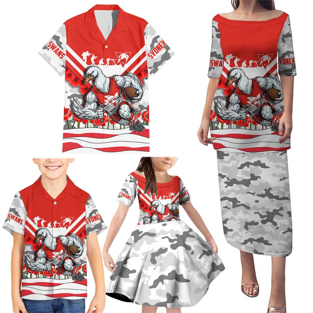Personalised Sydney Swans ANZAC Family Matching Puletasi and Hawaiian Shirt Military Remembrance Australian Football Mascot Camouflage