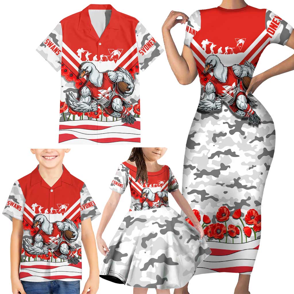 Personalised Sydney Swans ANZAC Family Matching Short Sleeve Bodycon Dress and Hawaiian Shirt Military Remembrance Australian Football Mascot Camouflage