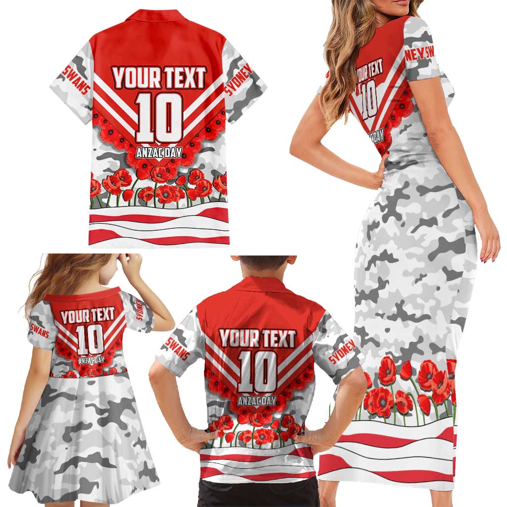 Personalised Sydney Swans ANZAC Family Matching Short Sleeve Bodycon Dress and Hawaiian Shirt Military Remembrance Australian Football Mascot Camouflage