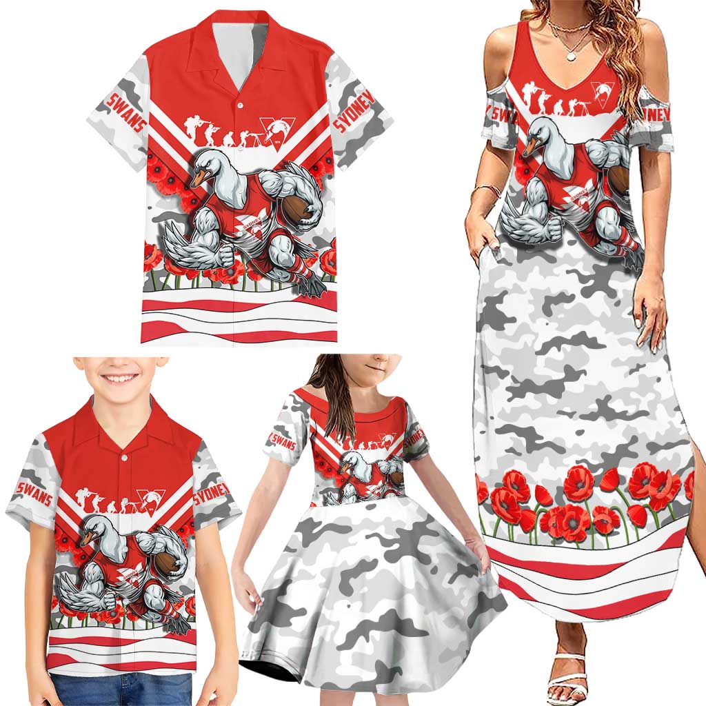 Personalised Sydney Swans ANZAC Family Matching Summer Maxi Dress and Hawaiian Shirt Military Remembrance Australian Football Mascot Camouflage